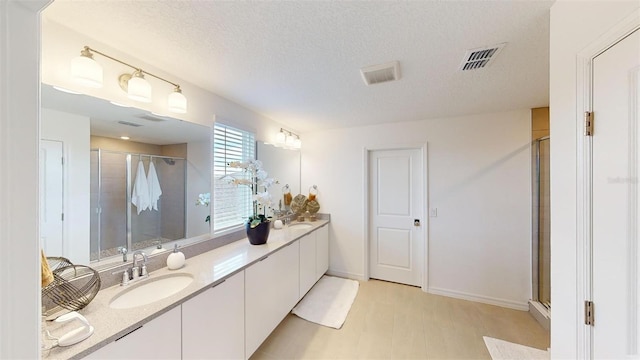 bathroom featuring vanity, a shower with door, and a textured ceiling