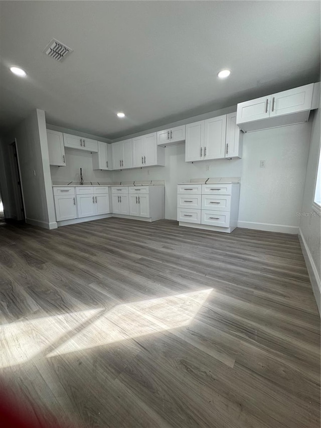 kitchen with white cabinetry, sink, and dark wood-type flooring