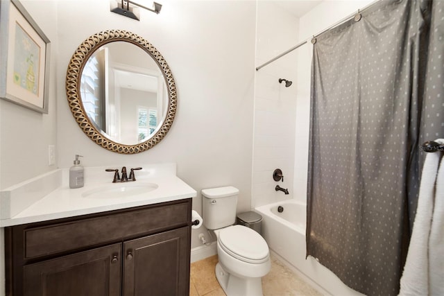 full bathroom featuring tile patterned flooring, shower / tub combo, vanity, and toilet