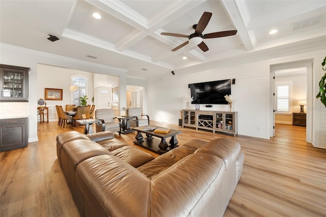 living room with ceiling fan, light hardwood / wood-style floors, beam ceiling, and coffered ceiling