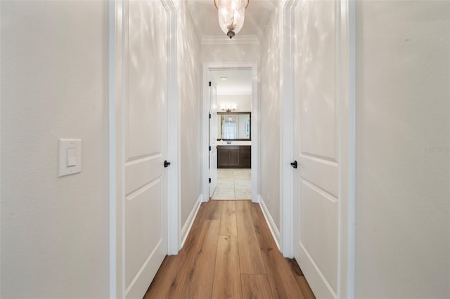 corridor with light wood-type flooring and ornamental molding