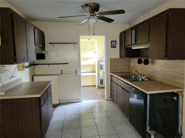 kitchen with dishwasher, sink, water heater, light tile patterned floors, and exhaust hood