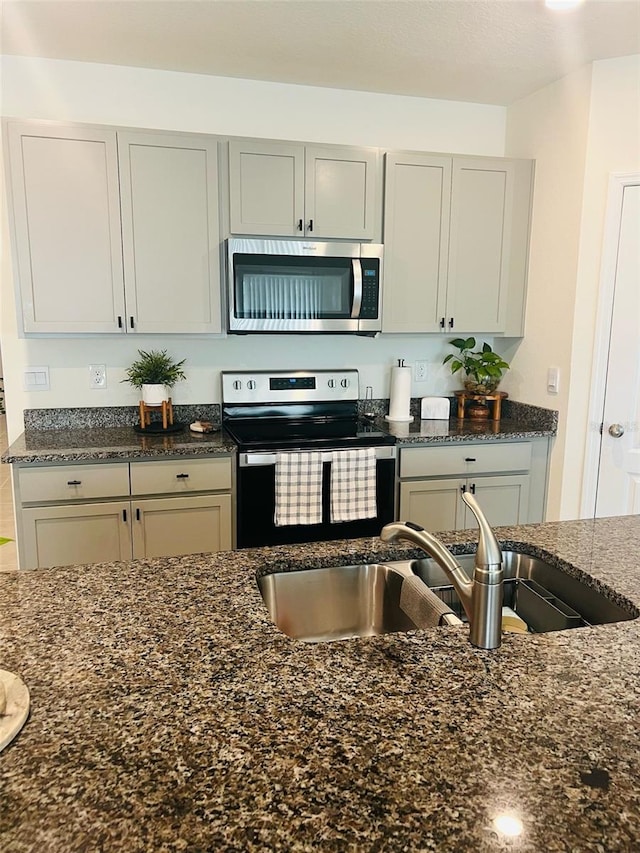 kitchen with a sink, stainless steel appliances, and dark stone countertops