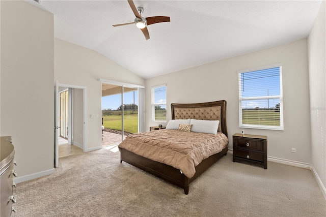 carpeted bedroom featuring access to outside, ceiling fan, and lofted ceiling