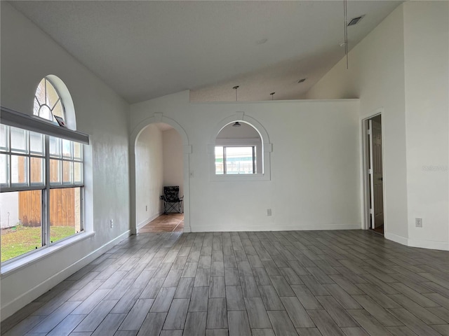 spare room featuring hardwood / wood-style flooring, high vaulted ceiling, and a healthy amount of sunlight