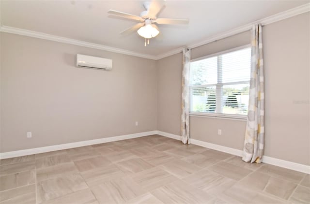 unfurnished room featuring ceiling fan, ornamental molding, and a wall mounted AC