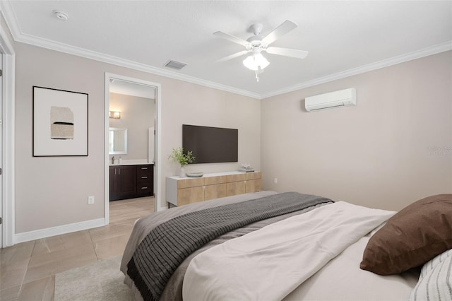 tiled bedroom featuring an AC wall unit, ensuite bathroom, crown molding, and ceiling fan