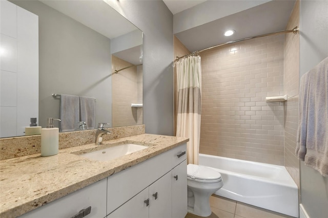 full bathroom with shower / bathtub combination with curtain, tile patterned flooring, vanity, and toilet