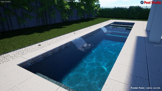 view of pool featuring a lawn