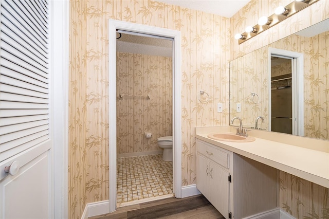 bathroom featuring hardwood / wood-style floors, vanity, and toilet