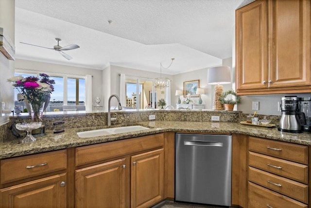 134 Starboard Ln Unit 705, Merritt Island, FL 32953 - kitchen featuring dishwasher, a sink, brown cabinetry, dark stone countertops, and ornamental molding