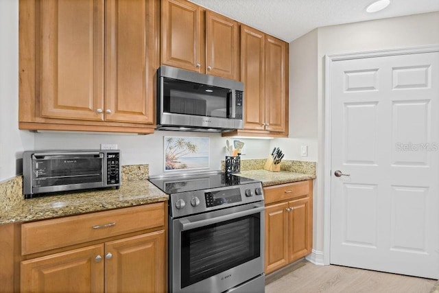 kitchen with light stone countertops, light hardwood / wood-style flooring, and appliances with stainless steel finishes