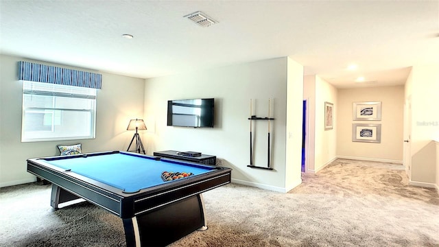 game room with light carpet and pool table