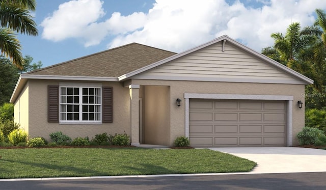 ranch-style house featuring a garage and a front lawn