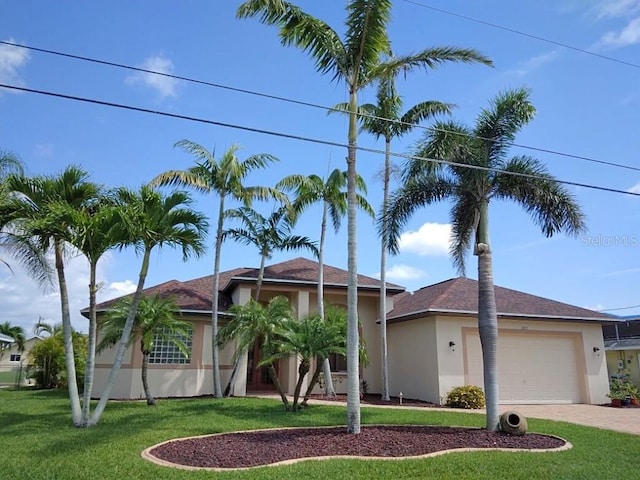 view of front facade with a garage and a front lawn