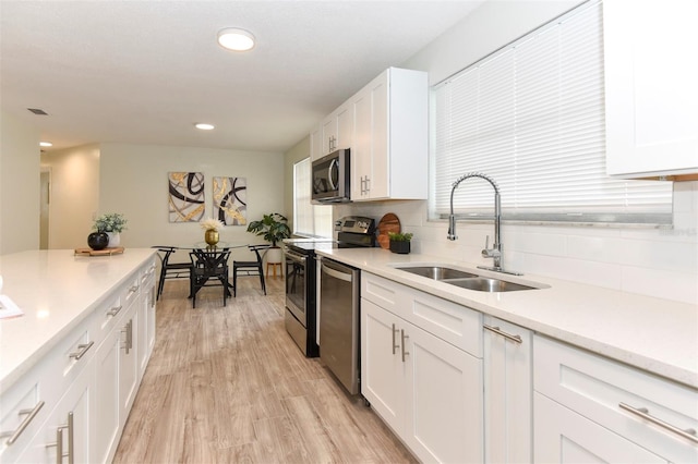 kitchen with sink, stainless steel appliances, backsplash, white cabinets, and light wood-type flooring