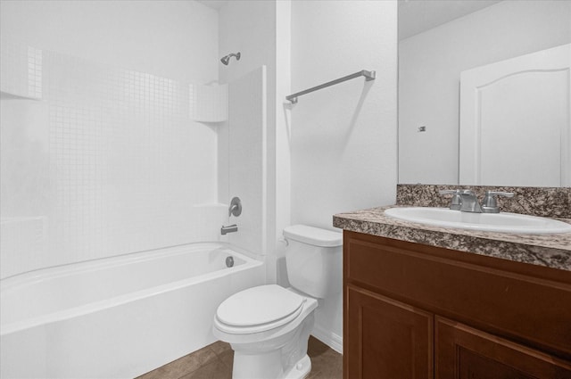 full bathroom with tile patterned floors, vanity, toilet, and washtub / shower combination