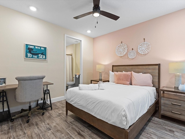 bedroom with ceiling fan and hardwood / wood-style flooring