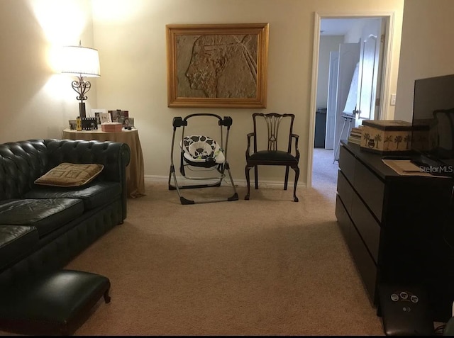 sitting room with light colored carpet