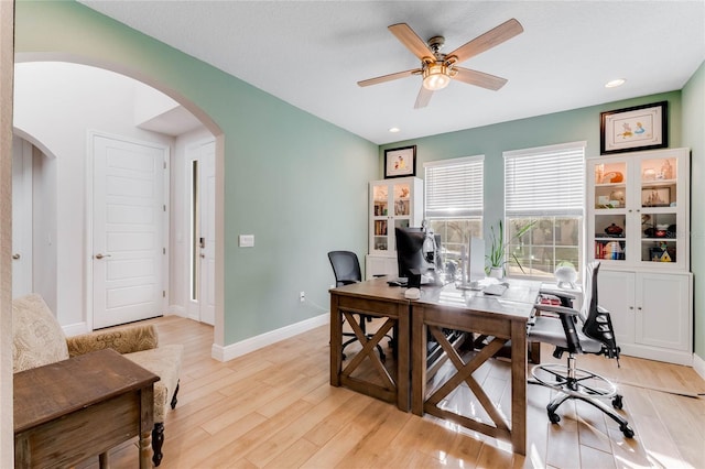 office area featuring ceiling fan and light hardwood / wood-style floors