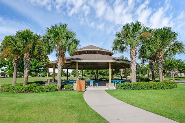 view of community featuring a gazebo and a lawn