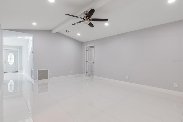 tiled empty room featuring vaulted ceiling with beams and ceiling fan