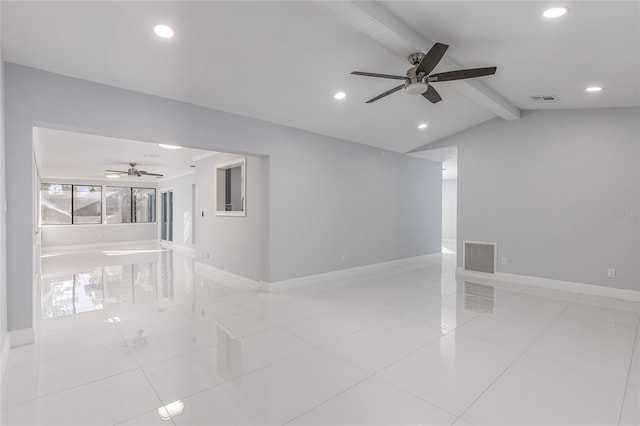 unfurnished room featuring lofted ceiling with beams, ceiling fan, and light tile patterned flooring