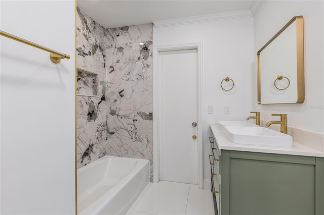 bathroom with tile patterned flooring, vanity, crown molding, and shower / bathing tub combination