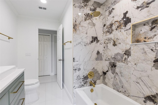 full bathroom featuring vanity, toilet, crown molding, and bathing tub / shower combination