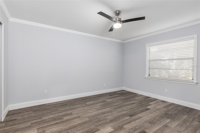 unfurnished room featuring crown molding, ceiling fan, and dark hardwood / wood-style floors