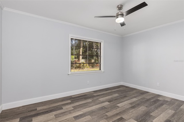 spare room with dark hardwood / wood-style floors, ceiling fan, and ornamental molding