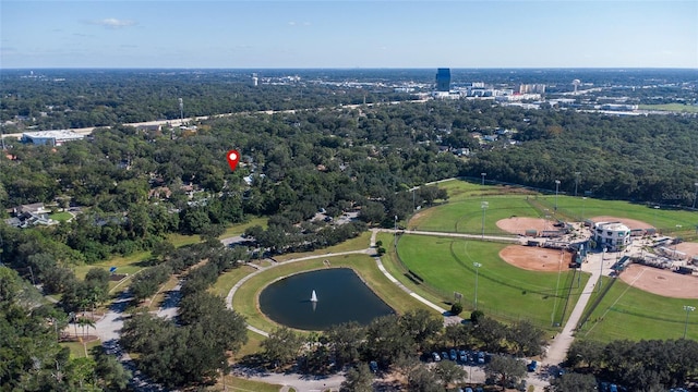 drone / aerial view featuring a water view