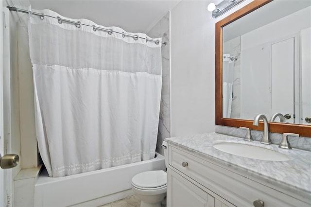 full bathroom with shower / tub combo, vanity, toilet, and tile patterned floors