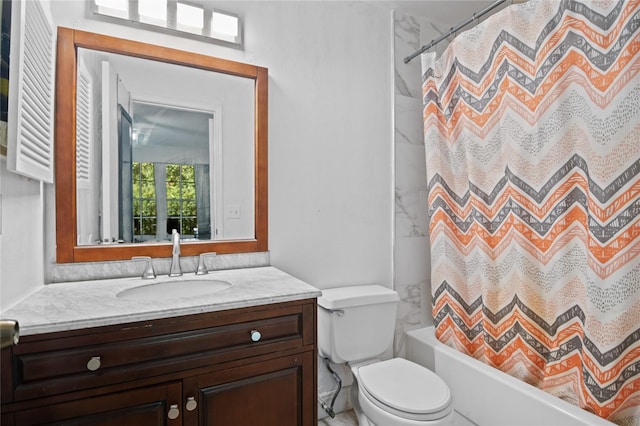 full bathroom with vanity, toilet, and shower / bathtub combination with curtain