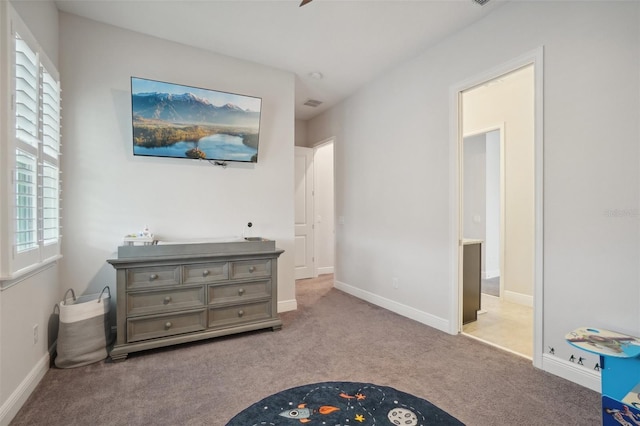 bedroom with light carpet and multiple windows