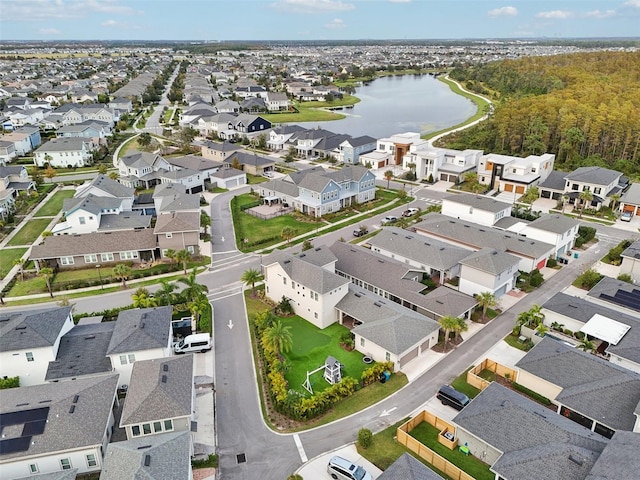 drone / aerial view featuring a water view