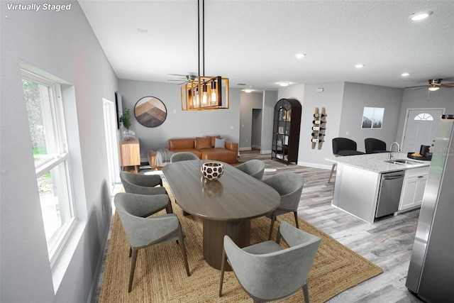 dining room featuring ceiling fan, light hardwood / wood-style floors, a wealth of natural light, and sink