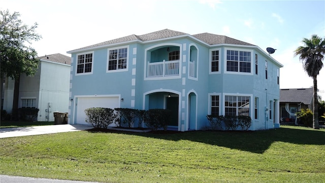 view of front of home featuring a garage, a balcony, and a front lawn