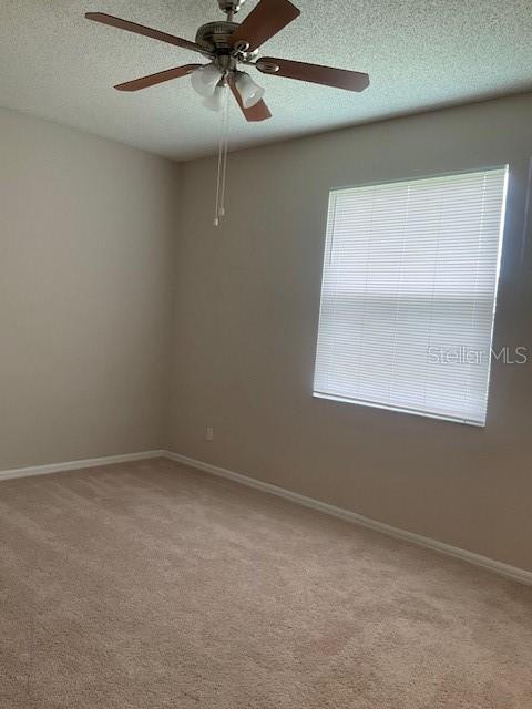 carpeted spare room featuring ceiling fan and a textured ceiling