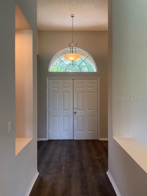 entryway featuring baseboards, dark wood-style floors, and a textured ceiling