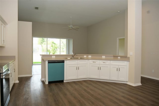 kitchen with white cabinets, ceiling fan, dishwasher, and stove