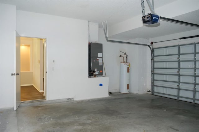 garage featuring electric water heater, a garage door opener, and heating unit