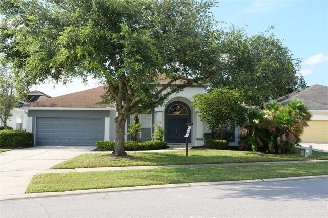 519 Lakescape Ct, Orlando, FL 32828 - view of property hidden behind natural elements with stucco siding, driveway, an attached garage, and a front yard