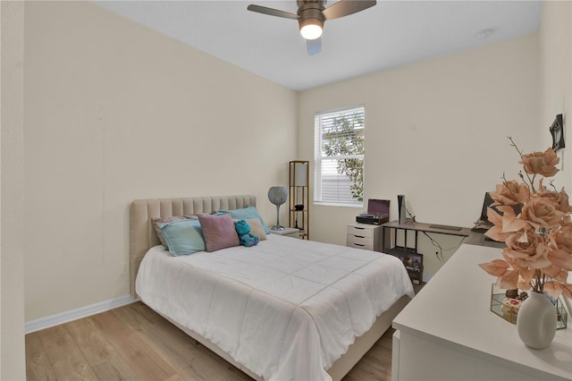 bedroom featuring ceiling fan and light wood-type flooring