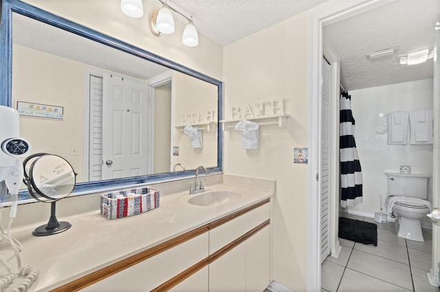 bathroom with curtained shower, tile patterned floors, a textured ceiling, toilet, and vanity