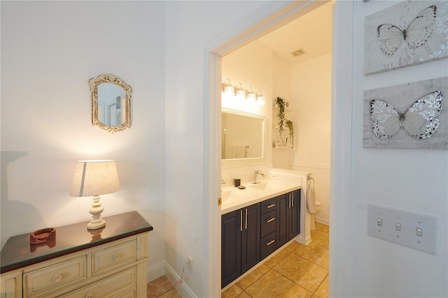 bathroom with tile patterned flooring, vanity, and toilet