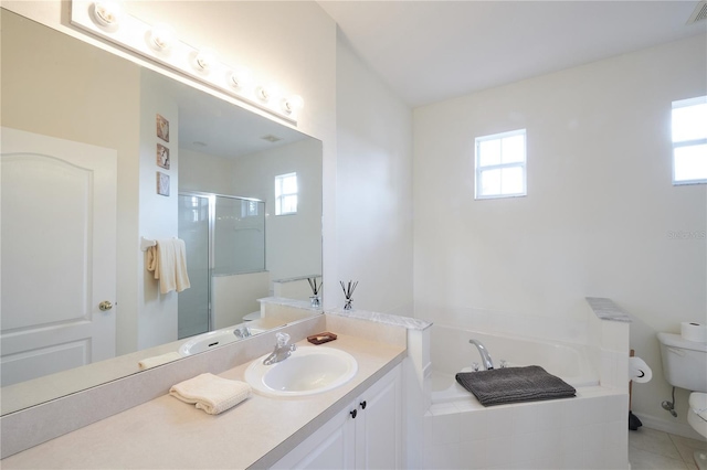 full bathroom featuring a wealth of natural light, tile patterned flooring, and plus walk in shower