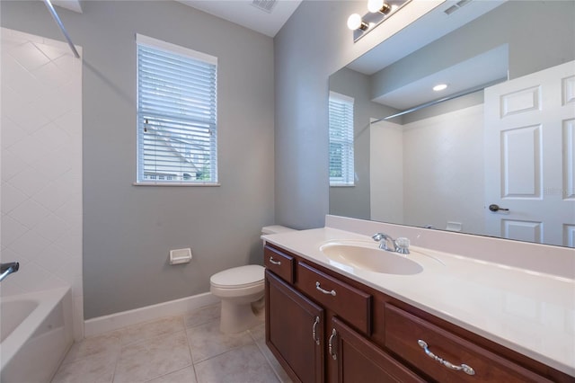 full bathroom with bathing tub / shower combination, tile patterned flooring, vanity, and toilet