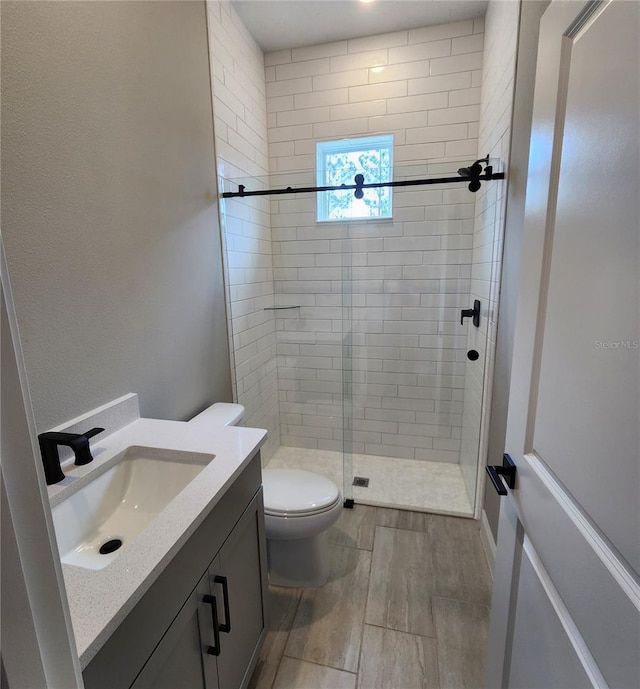 bathroom featuring a stall shower, vanity, and toilet