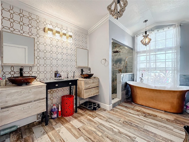 bathroom featuring plus walk in shower, lofted ceiling, hardwood / wood-style flooring, vanity, and ornamental molding